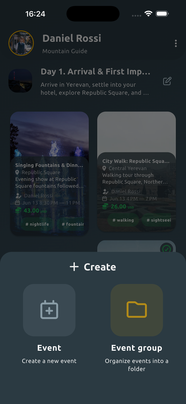 Creating event or event group in EventSplit mobile app